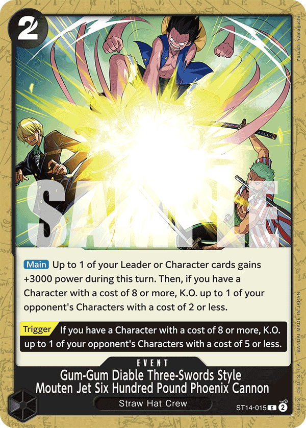 Gum-Gum Diable Three-Swords Style Mouten Jet Six Hundred Pound Phoenix Cannon card artwork